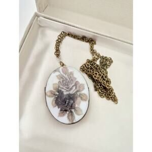 Vintage 1970s Porcelain Floral Filigree Locket Necklace